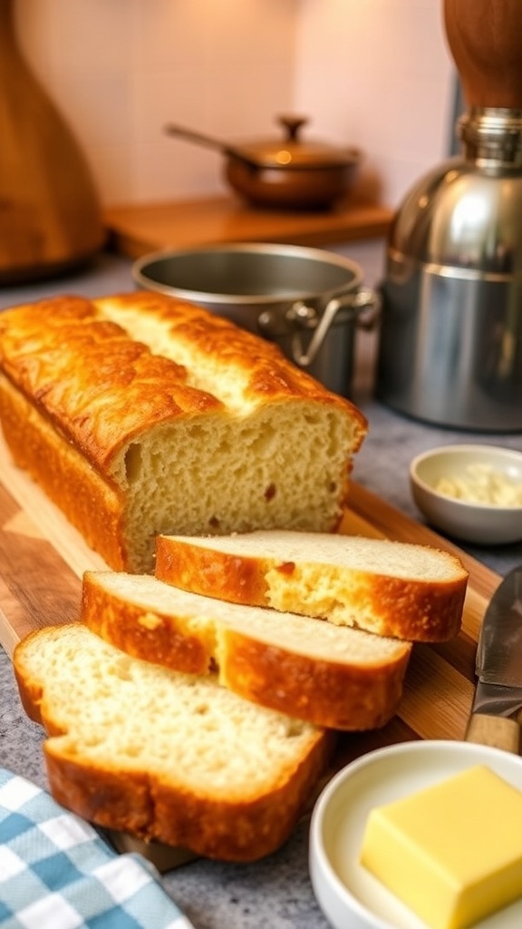 No Yeast Quick Bread Recipe A loaf of no yeast quick bread sliced on a cutting board with butter and a knife.